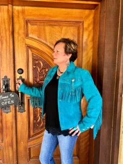 Scully Turquoise Leather Jacket With Fringe And Beading