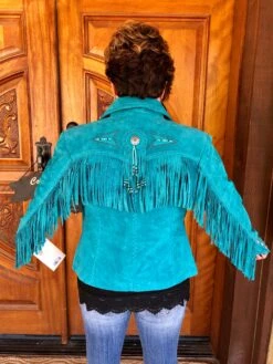 Scully Turquoise Leather Jacket With Fringe And Beading -The Ranch House Sales IMG 8923