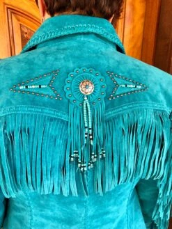 Scully Turquoise Leather Jacket With Fringe And Beading -The Ranch House Sales IMG 8924