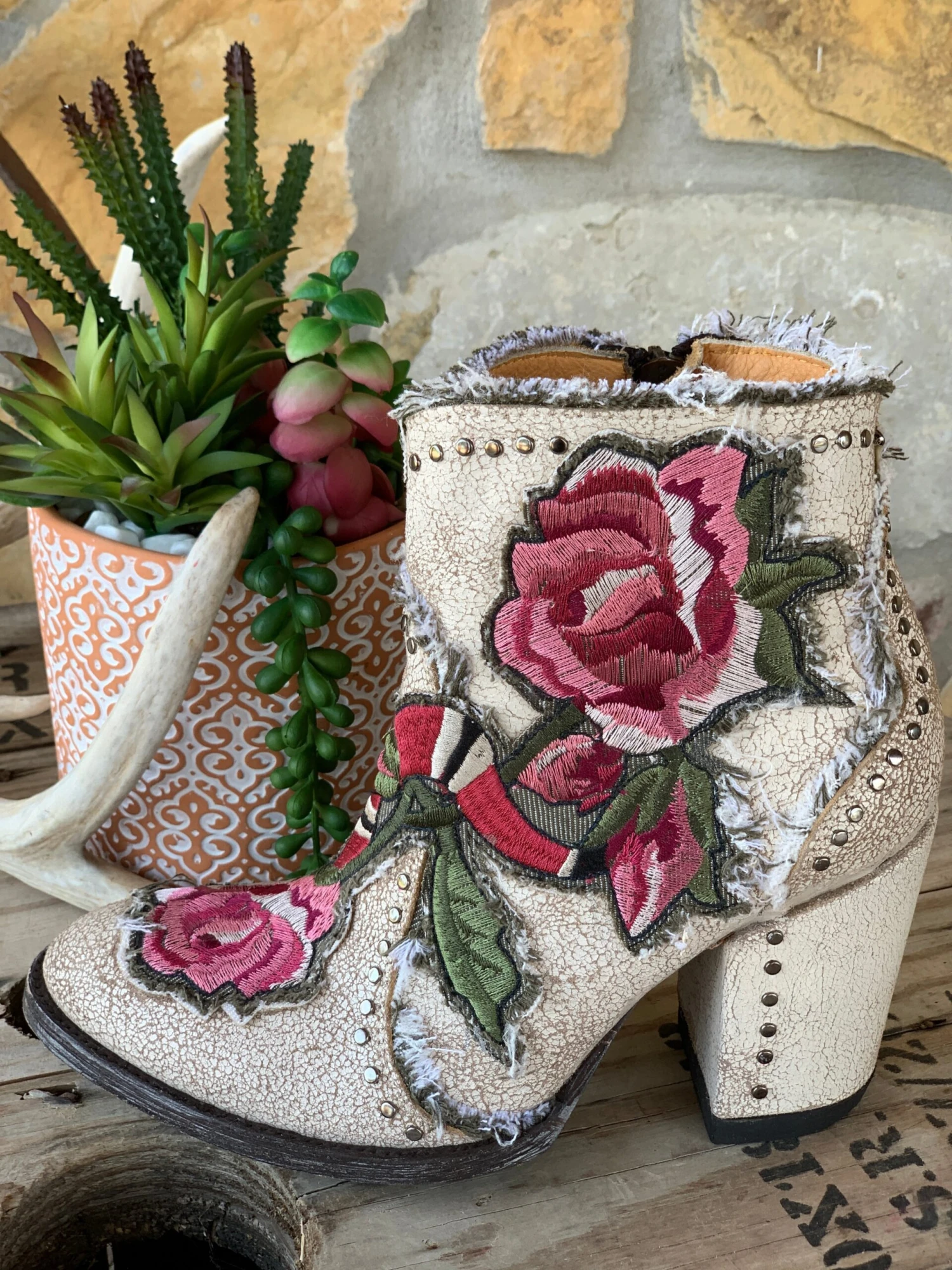 Old Gringo Carla Floral Bootie - Crackled White 1 Old Gringo Carla Floral Bootie - Crackled White
